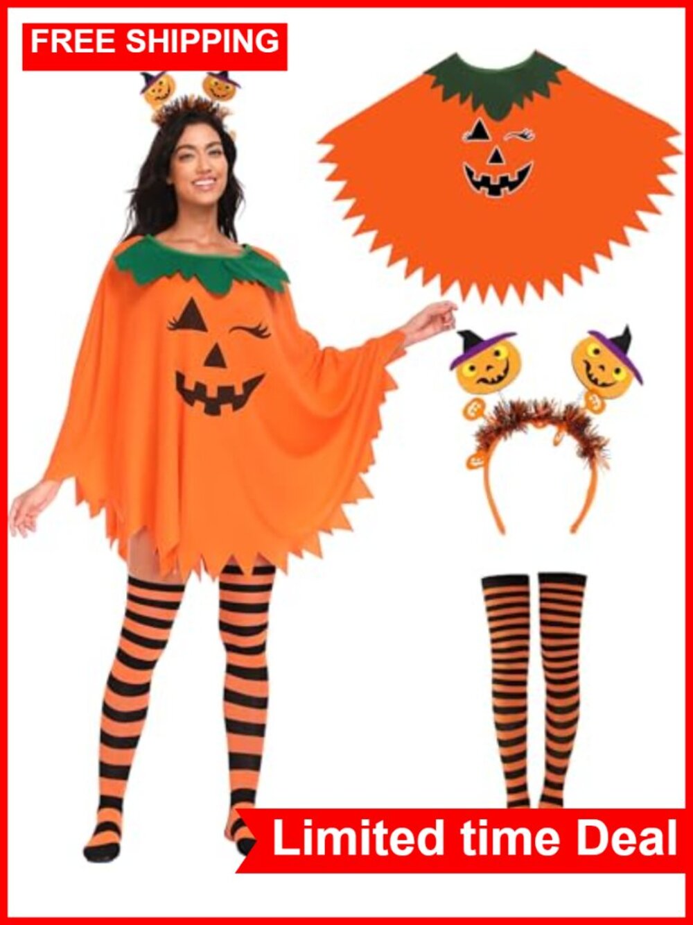 Women's Pumpkin Halloween Costume Set with Headband and Socks